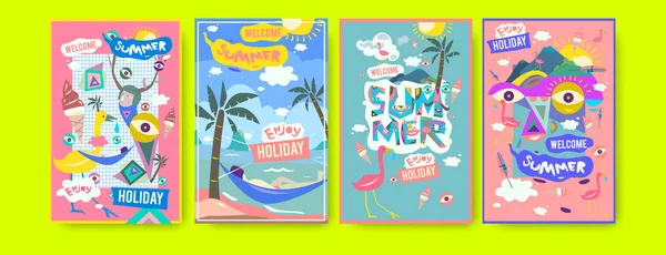 Yaz illüstrasyon poster, kapak ve reklam için kümesi. Retro ve vintage yaz tasarlamak. Yaz tatili eps10 şablonunun arka plan.