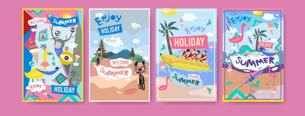 Yaz illüstrasyon poster, kapak ve reklam için kümesi. Retro ve vintage yaz tasarlamak. Yaz tatili eps10 şablonunun arka plan.