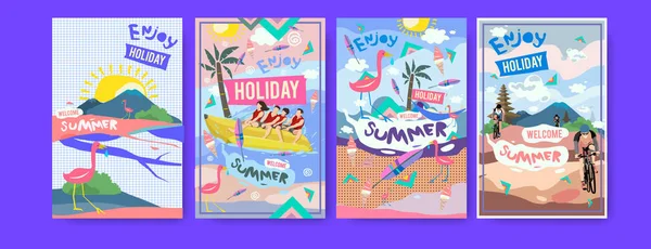 Yaz illüstrasyon poster, kapak ve reklam için kümesi. Retro ve vintage yaz tasarlamak. Yaz tatili eps10 şablonunun arka plan.