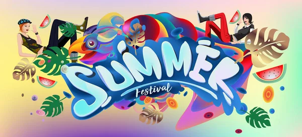 Yaz afiş renkli doodle arka plan ile. Olay ve satış promosyon posteri için tasarım şablonu.