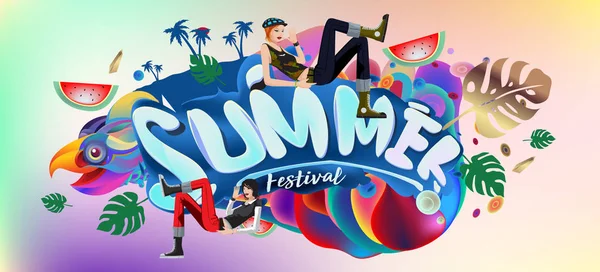 Yaz afiş renkli doodle arka plan ile. Olay ve satış promosyon posteri için tasarım şablonu.