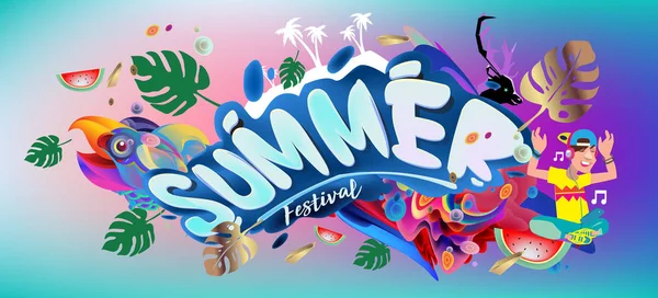 Yaz afiş renkli doodle arka plan ile. Olay ve satış promosyon posteri için tasarım şablonu.