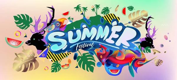 Summer Banner Colorful Doodle Background Design Template Event Sale Promotion — Stock Vector