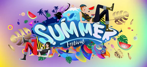 Yaz afiş renkli doodle arka plan ile. Olay ve satış promosyon posteri için tasarım şablonu.