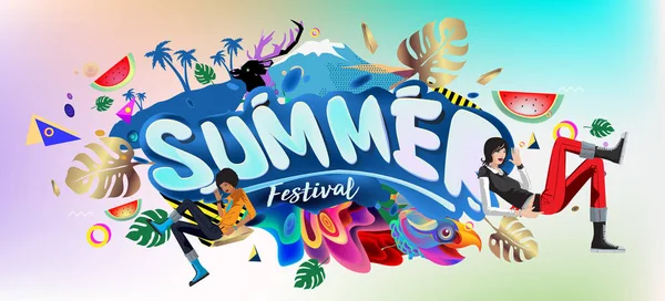 Yaz afiş renkli doodle arka plan ile. Olay ve satış promosyon posteri için tasarım şablonu.