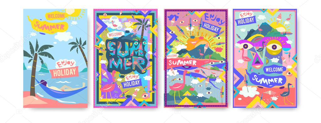 Set of summer illustration for poster, cover, and advertisement. Retro and vintage summer design illustration. Summer holiday background template in eps10.