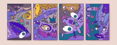 Renkli sıvı soyut ve curvy küme kapsıyor. Balonu şekiller ve çizgi film karakterleri kompozisyon.