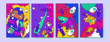 Renkli sıvı soyut ve curvy küme kapsıyor. Balonu şekiller ve çizgi film karakterleri kompozisyon.