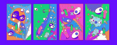 Renkli sıvı soyut ve curvy küme kapsıyor. Balonu şekiller ve çizgi film karakterleri kompozisyon.