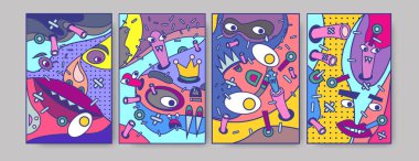 Renkli sıvı soyut ve curvy küme kapsıyor. Balonu şekiller ve çizgi film karakterleri kompozisyon.