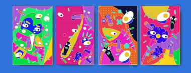 Renkli sıvı soyut ve curvy küme kapsıyor. Balonu şekiller ve çizgi film karakterleri kompozisyon.