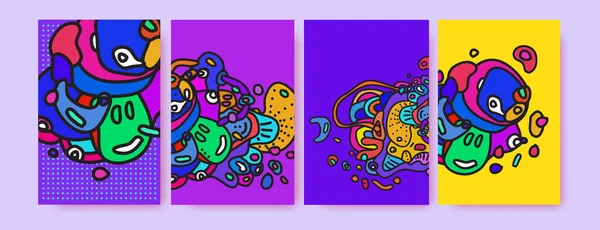 Illustration Vectorielle Abstraite Liquide Coloré Doodle Poster Set — Image vectorielle