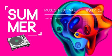 Elektronik Müzik Festivali yaz dalga poster. Kulüp partisi el ilanı. Soyut degradeler dalgalar müzik arka plan.