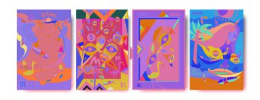 Yaz illüstrasyon poster, kapak ve reklam için kümesi. Retro ve vintage yaz tasarlamak. Yaz tatil arka plan şablonu 