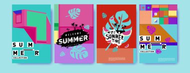 Yaz renkli poster tasarım şablonu. Yaz satış arka plan ve örnek kümesi. Yaz olay poster ve başlık sayfası için minimalist tasarım stil 
