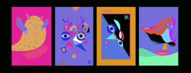 Yaz illüstrasyon poster, kapak ve reklam için kümesi. Retro ve vintage yaz tasarlamak. Yaz tatil arka plan şablonu 