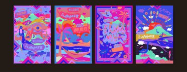 Yaz illüstrasyon poster, kapak ve reklam için kümesi. Retro ve vintage yaz tasarlamak. Yaz tatil arka plan şablonu 