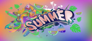 Yaz afiş renkli doodle arka plan ile. Olay ve satış promosyon posteri için tasarım şablonu.