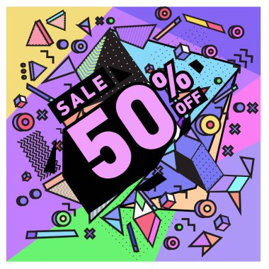 Yaz satış memphis tarzı web afiş. Moda ve seyahat poster indirim. Vektör tatil soyut renkli resimde kampanya ve promosyon.