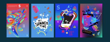 Renkli yaz poster ayarlayın. Tropikal yaz tasarım şablonu ve kapak. Yaz resimde unsurlar ve arka plan 