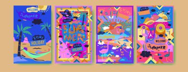 Yaz illüstrasyon poster, kapak ve reklam için kümesi. Retro ve vintage yaz tasarlamak. Yaz tatil arka plan şablonu 