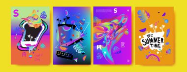 Renkli yaz poster ayarlayın. Tropikal yaz tasarım şablonu ve kapak. Yaz resimde unsurlar ve arka plan 