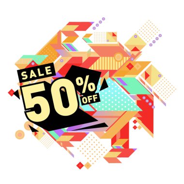 Yaz satış memphis tarzı web afiş. Moda ve seyahat poster indirim. Vektör tatil soyut renkli resimde kampanya ve promosyon.