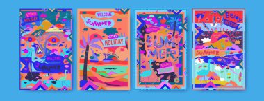 Yaz illüstrasyon poster, kapak ve reklam için kümesi. Retro ve vintage yaz tasarlamak. Yaz tatil arka plan şablonu 