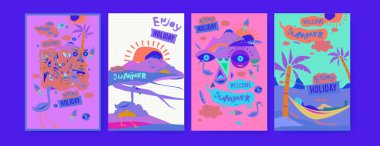 Yaz illüstrasyon poster, kapak ve reklam için kümesi. Retro ve vintage yaz tasarlamak. Yaz tatil arka plan şablonu 