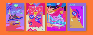 Yaz illüstrasyon poster, kapak ve reklam için kümesi. Retro ve vintage yaz tasarlamak. Yaz tatil arka plan şablonu 