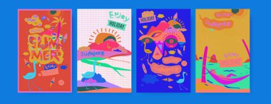 Yaz illüstrasyon poster, kapak ve reklam için kümesi. Retro ve vintage yaz tasarlamak. Yaz tatil arka plan şablonu 