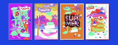 Yaz illüstrasyon poster, kapak ve reklam için kümesi. Retro ve vintage yaz tasarlamak. Yaz tatil arka plan şablonu 