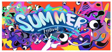 Yaz afiş renkli doodle arka plan ile. Olay ve satış promosyon posteri için tasarım şablonu.