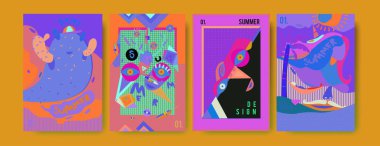 Yaz illüstrasyon poster, kapak ve reklam için kümesi. Retro ve vintage yaz tasarlamak. Yaz tatil arka plan şablonu 