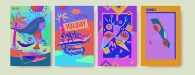 Yaz illüstrasyon poster, kapak ve reklam için kümesi. Retro ve vintage yaz tasarlamak. Yaz tatil arka plan şablonu 