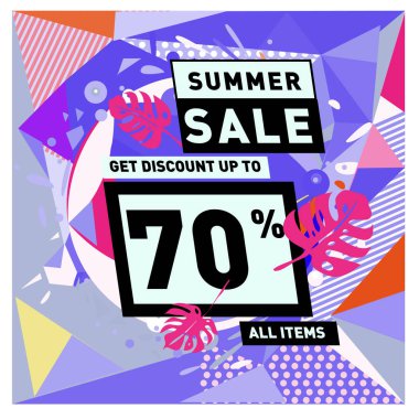 Yaz satış memphis tarzı web afiş. Moda ve seyahat poster indirim. Vektör tatil soyut renkli resimde kampanya ve promosyon.