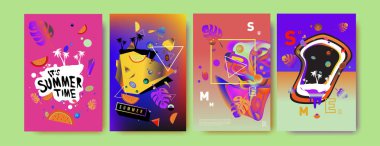 Renkli yaz poster ayarlayın. Tropikal yaz tasarım şablonu ve kapak. Yaz resimde unsurlar ve arka plan 
