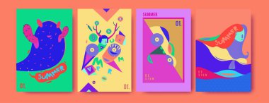 Yaz illüstrasyon poster, kapak ve reklam için kümesi. Retro ve vintage yaz tasarlamak. Yaz tatil arka plan şablonu 