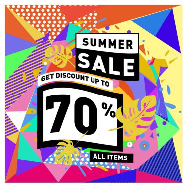 Yaz satış memphis tarzı web afiş. Moda ve seyahat poster indirim. Vektör tatil soyut renkli resimde kampanya ve promosyon.