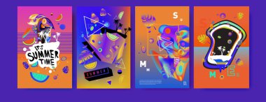 Renkli yaz poster ayarlayın. Tropikal yaz tasarım şablonu ve kapak. Yaz resimde unsurlar ve arka plan 