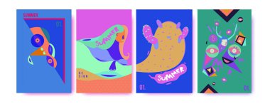 Yaz illüstrasyon poster, kapak ve reklam için kümesi. Retro ve vintage yaz tasarlamak. Yaz tatil arka plan şablonu 