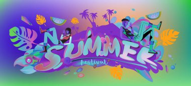 Yaz afiş renkli doodle arka plan ile. Olay ve satış promosyon posteri için tasarım şablonu.