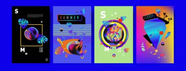 Renkli yaz poster ayarlayın. Tropikal yaz tasarım şablonu ve kapak. Yaz resimde unsurlar ve arka plan 