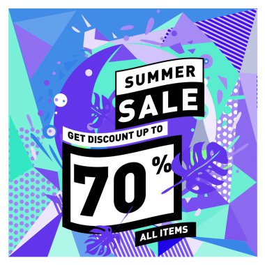 Yaz satış memphis tarzı web afiş. Moda ve seyahat poster indirim. Vektör tatil soyut renkli resimde kampanya ve promosyon.