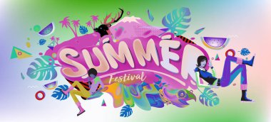 Yaz afiş renkli doodle arka plan ile. Olay ve satış promosyon posteri için tasarım şablonu.