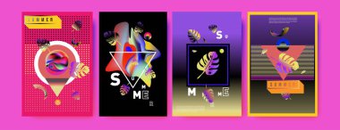 Renkli yaz poster ayarlayın. Tropikal yaz tasarım şablonu ve kapak. Yaz resimde unsurlar ve arka plan 