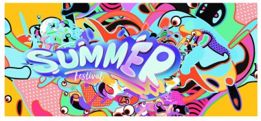 Yaz afiş renkli doodle arka plan ile. Olay ve satış promosyon posteri için tasarım şablonu.