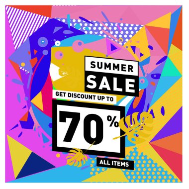 Yaz satış memphis tarzı web afiş. Moda ve seyahat poster indirim. Vektör tatil soyut renkli resimde kampanya ve promosyon.