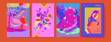 Yaz illüstrasyon poster, kapak ve reklam için kümesi. Retro ve vintage yaz tasarlamak. Yaz tatil arka plan şablonu 