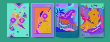 Yaz illüstrasyon poster, kapak ve reklam için kümesi. Retro ve vintage yaz tasarlamak. Yaz tatil arka plan şablonu 